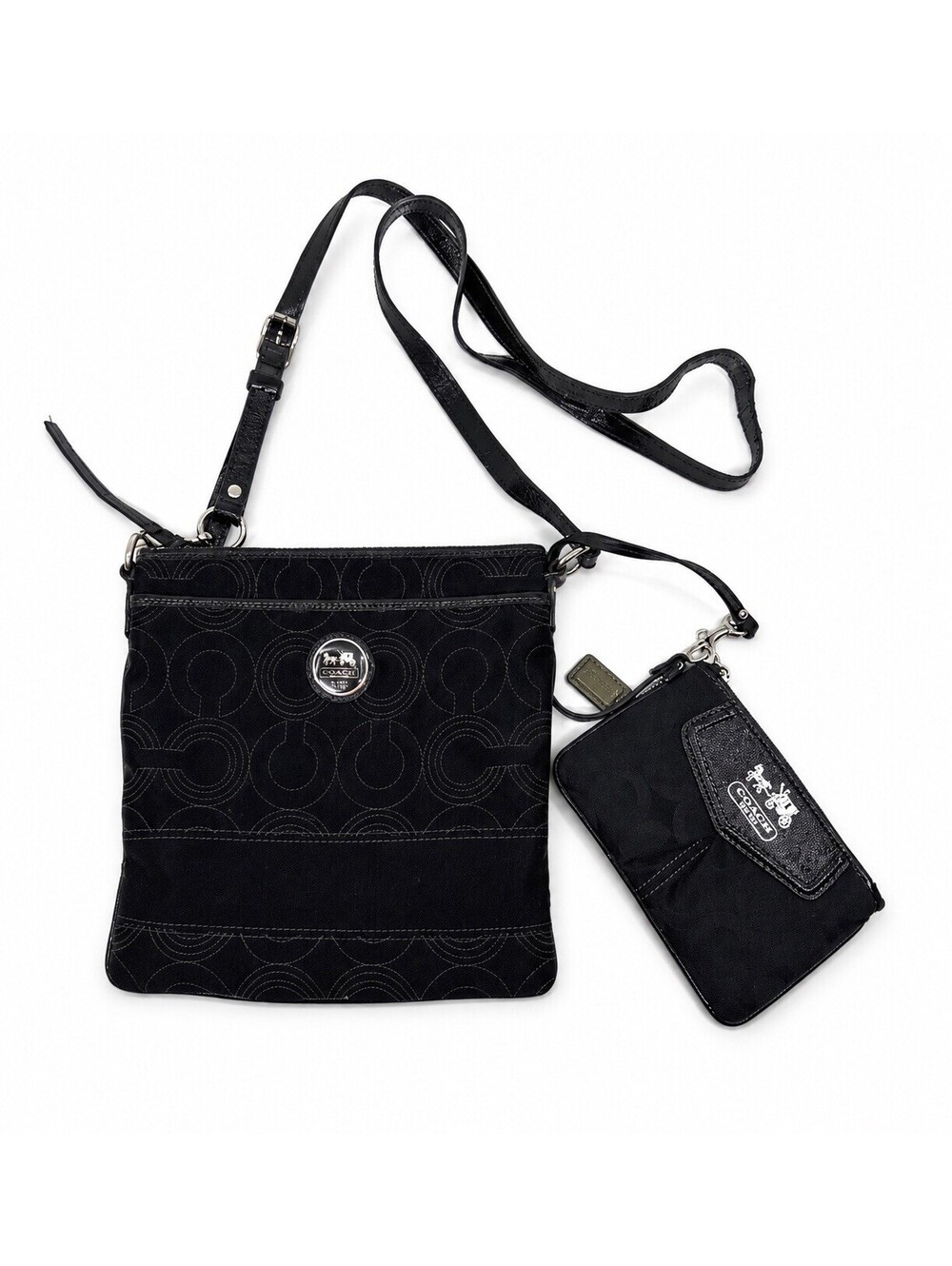 Coach Signature C Black Crossbody Purse Bag w/ Matching Coin Purse